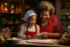 AI generated Smiling mother and daughter making christmas cookies in kitchen at home, Black african american dark-skinned grandmother and grandson baking cookies at Christmas together, AI Generated photo