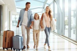 AI generated Happy family with suitcases going to travel together. They are holding hands and smiling, Beautiful happy excited family with a backpack and suitcases in modern hotel, AI Generated photo