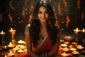 ai generado hermosa indio mujer en sari sentado en piso con velas, hermosa indio mujer celebrando diwali festival, ai generado foto