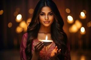 ai generado hermosa joven morena mujer en indio vestir con velas en manos, hermosa indio mujer celebrando diwali festival, ai generado foto