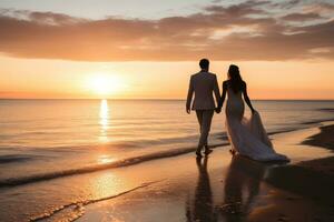 AI generated Wedding couple walking on the beach at sunset. Bride and groom, Beach Wedding with Beautiful Bride and Groom Walking Down the Coastline on the Perfect Sunset, AI Generated photo