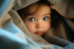 ai generado linda pequeño bebé muñeca con azul ojos en cama, de cerca, hermosa bebé mirando fuera desde debajo frazada, ai generado foto