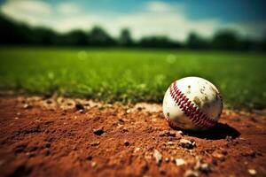 ai generado béisbol en el campo con bokeh fondo, suave enfocar, béisbol en el dentro del campo tiza línea, ai generado foto