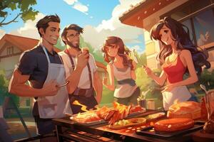 ai generado grupo de amigos teniendo parilla fiesta en el calle. conceptual ilustración, parilla Cocinando amigos disfrutando el comida y compañía, ai generado foto