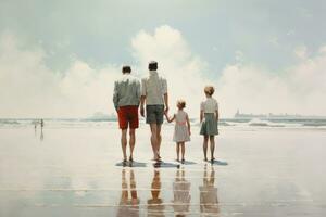 AI generated Rear view of father and children standing on beach during summer vacation, Back view of a family at the seaside, AI Generated photo