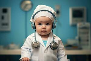 ai generado linda bebé chico vestido como un médico con estetoscopio, bebé y estetoscopio de pediatra para cuidado de la salud consultante, ai generado foto