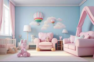 ai generado 3d representación niños habitación con rosado sofá, rosado sillón, osito de peluche oso y aire globo, bebés habitación con rosado y azul pastel colores, ai generado foto