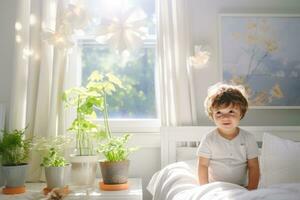 AI generated Cute little boy sitting on the bed at home and looking out the window, Baby boy in white sunny bedroom, AI Generated photo