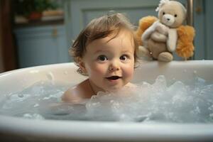 ai generado linda bebé niña se baña en un bañera con espuma, bebé en baño, ai generado foto