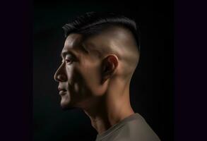 ai generado retrato de un asiático hombre en perfil con un de moda peinado en un oscuro antecedentes. comercial fotografía foto