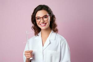 AI generated Portrait of beautiful young woman doctor with syringe on color background, Attractive smiling student holding big pipette, AI Generated photo