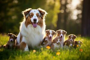 ai generado grupo de australiano pastor cachorros con madre y cachorros en el parque, australiano perro mamá con cachorros jugando en un verde prado tierra, ai generado foto