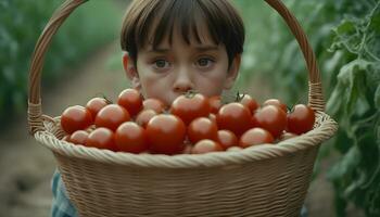 Poor child want rotten tomatos he is hungry AI generated image photo