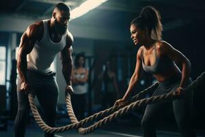 ai generado joven deportivo Pareja trabajando fuera con batalla cuerdas en crossfit gimnasia, atlético mujer haciendo batalla cuerda ejercicio con personal entrenador a gimnasia, ai generado foto