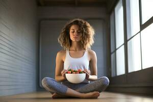 AI generated Young woman sitting on the floor in lotus position and eating strawberries, Athletic woman eating a healthy bowl of muesli with fruit sitting on floor in the kitchen at home, AI Generated photo