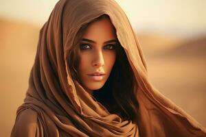 AI generated fashion outdoor photo of beautiful sensual woman with dark hair in elegant clothes posing in desert, Beautiful arabic woman wearing veil in sandy desert, AI Generated