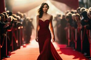 AI generated Fashion photo of beautiful woman in red evening dress on the red carpet, Beautiful attractive woman waking down the red carpet, AI Generated