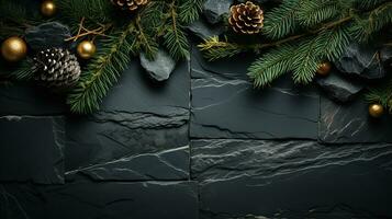 AI generated Christmas Decoration With fir Branches on a Dark Shale Background, Generative AI. photo