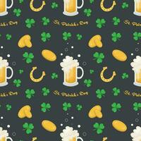 Seamless pattern for St. Patrick's Day with coins, beer, shamrock and horseshoe on dark background. Irish background.Spring Celtic festival.Vector color illustration vector