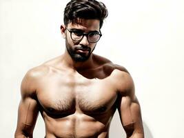 AI generated Sexy Hairy Muscular Shirtless Guy with Glasses Looking at Camera Isolated on White photo