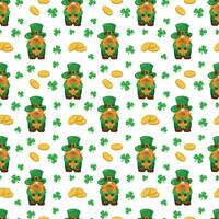 Seamless pattern for St. Patrick's Day with with coins, leprechauns and shamrock on white background. Irish background.Spring Celtic festival.Vector color illustration vector