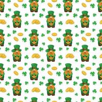 Seamless pattern for St. Patrick's Day with with coins, leprechauns and shamrock on white background. Irish background.Spring Celtic festival.Vector color illustration vector