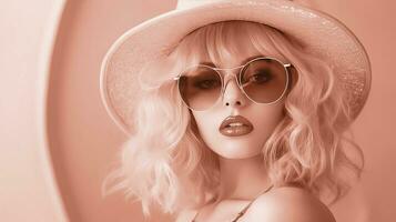 ai generado mujer vistiendo un rosado sombrero y Gafas de sol, color de el año 2024. ai generado. foto
