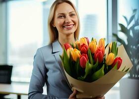 AI generated An adult woman in business clothes holds a bouquet of tulips and smiles. AI generated. photo