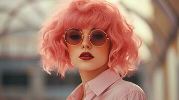 AI generated Young girl in a pink wig and sunglasses, color of the year 2024. AI generated. photo