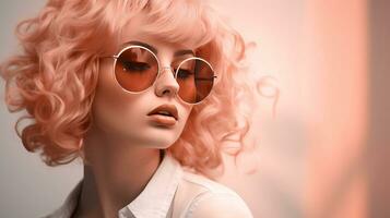 AI generated Young girl in a pink wig and sunglasses, color of the year 2024. AI generated. photo