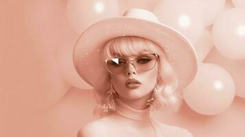AI generated Woman wearing a pink hat and sunglasses, color of the year 2024. Ai generated. photo