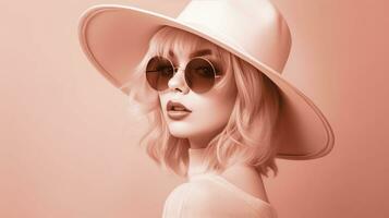 ai generado mujer vistiendo un rosado sombrero y Gafas de sol, color de el año 2024. ai generado. foto