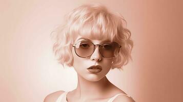 AI generated Young girl in a pink wig and sunglasses, color of the year 2024. AI generated. photo