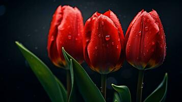 ai generado ramo de flores de brillante rojo tulipán brotes en un oscuro antecedentes. ai generado. foto