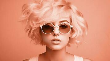 AI generated Young girl in a pink wig and sunglasses, color of the year 2024. AI generated. photo