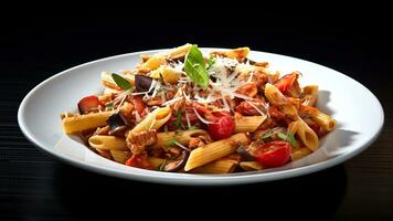 AI generated A serving of Sicilian pasta with penne, tuna, eggplant, tomatoes, Parmesan, basil and garlic. AI generated. photo