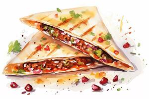 AI generated Watercolor Mexican quesadilla with minced meat and vegetables on white background. Traditional Latin American, Mexican food, cuisine. AI generated. photo