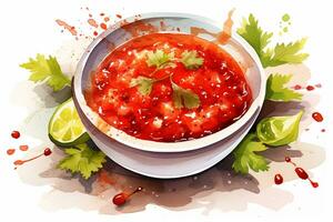 AI generated Watercolor Mexican salsa sauce with vegetables and herbs on white background. Traditional Latin American, Mexican food, cuisine. AI generated. photo