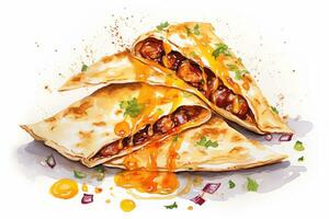 AI generated Watercolor Mexican quesadilla with minced meat and vegetables on white background. Traditional Latin American, Mexican food, cuisine. AI generated. photo