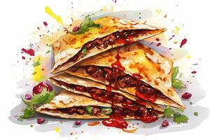 AI generated Watercolor Mexican quesadilla with minced meat and vegetables on white background. Traditional Latin American, Mexican food, cuisine. AI generated. photo