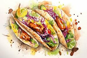 ai generado acuarela mexicano tacos con carne y vegetales en blanco antecedentes. tradicional latín americano, mexicano alimento, cocina. ai generado. foto