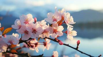 ai generado de cerca de sakura flores en un árbol rama durante Mañana amanecer. ai generado foto
