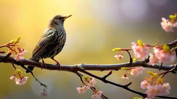 ai generado en temprano primavera, un estornino canta en un árbol rama. ai generado. foto