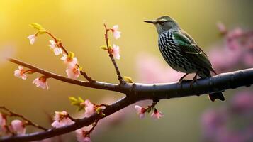 AI generated In early spring, a starling sings on a tree branch. AI generated. photo