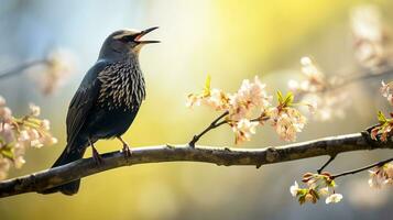 ai generado en temprano primavera, un estornino canta en un árbol rama. ai generado. foto