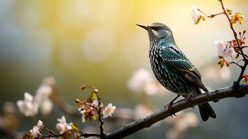 ai generado en temprano primavera, un estornino canta en un árbol rama. ai generado. foto