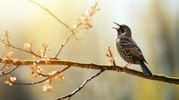 ai generado en temprano primavera, un estornino canta en un árbol rama. ai generado. foto