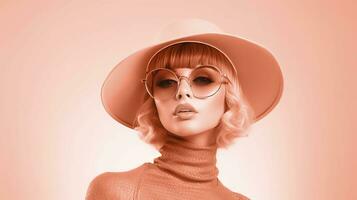 AI generated Woman wearing a pink hat and sunglasses, color of the year 2024. Ai generated. photo