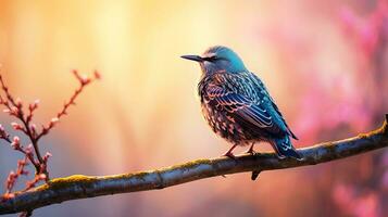 ai generado en temprano primavera, un estornino canta en un árbol rama. ai generado. foto