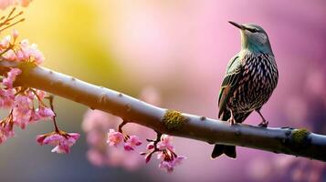 ai generado en temprano primavera, un estornino canta en un árbol rama. ai generado. foto